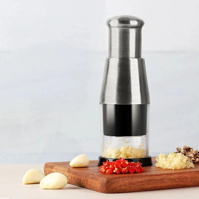 Garlic Chopper Stainless Steel Blades Enclosed Chamber Ergonomic Grip