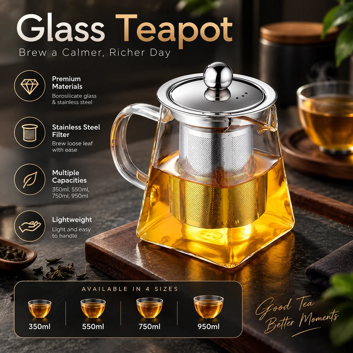 Glass Teapot Borosilicate Glass & Stainless Steel Infuser