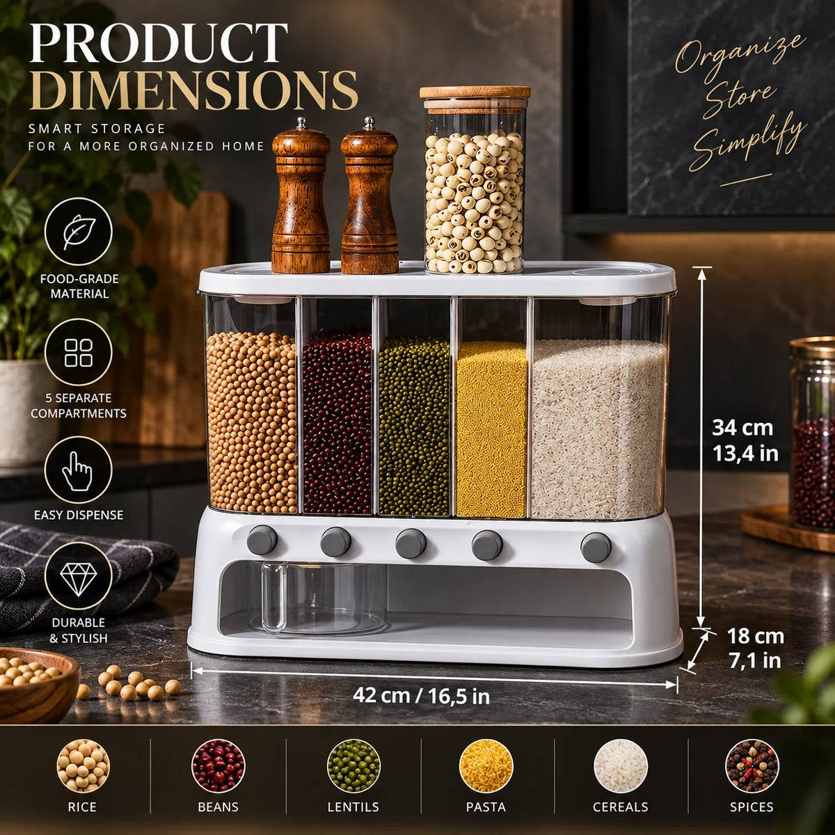 Grain Dispenser 5 Compartments Push-Button Dispensing