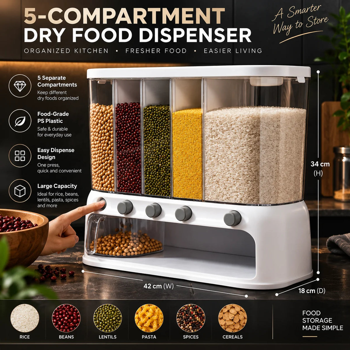Grain Dispenser 5 Compartments Push-Button Dispensing