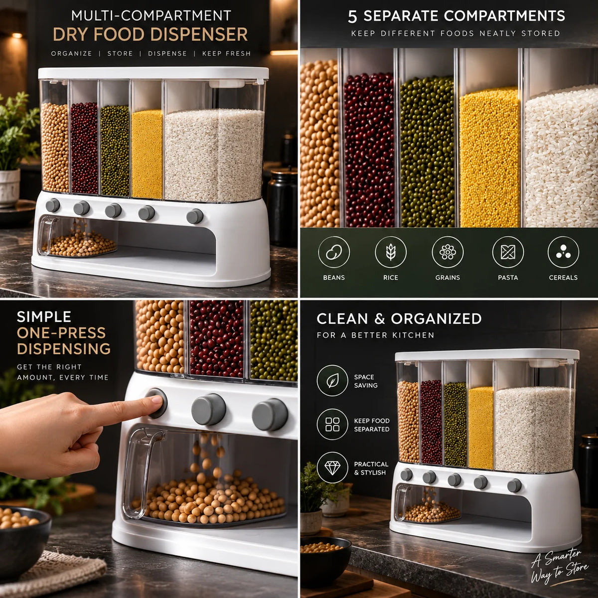 Grain Dispenser 5 Compartments Push-Button Dispensing
