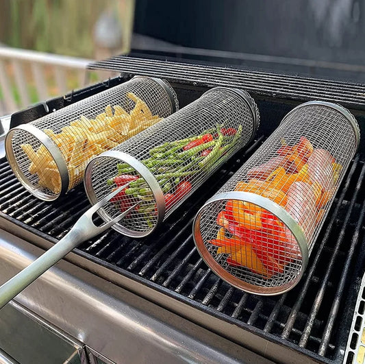 Grill Basket Rotating Stainless Steel Secure Latch