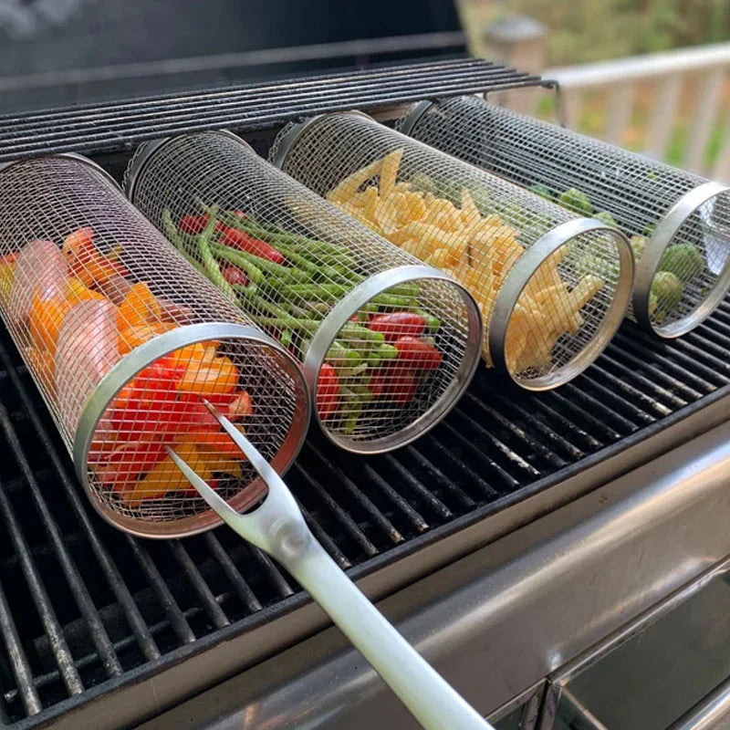 Grill Basket Rotating Stainless Steel Secure Latch