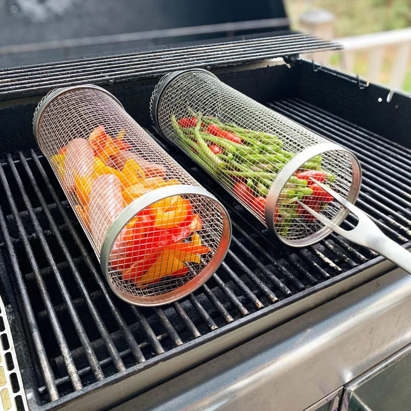 Grill Basket Rotating Stainless Steel Secure Latch
