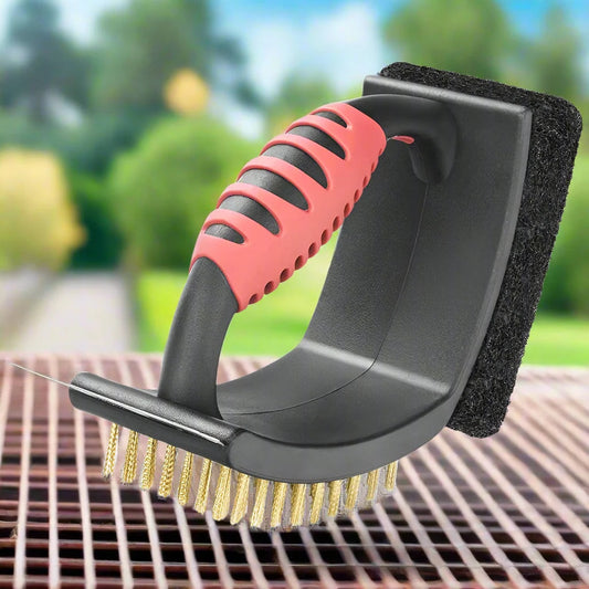 Grill Brush Three-in-One Brass Bristles Copper Scraper & Scouring Pad