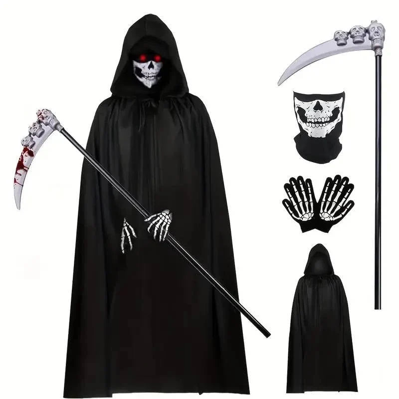 Grim Reaper Costume Glowing Red Eyes Skeleton Gloves Scythe