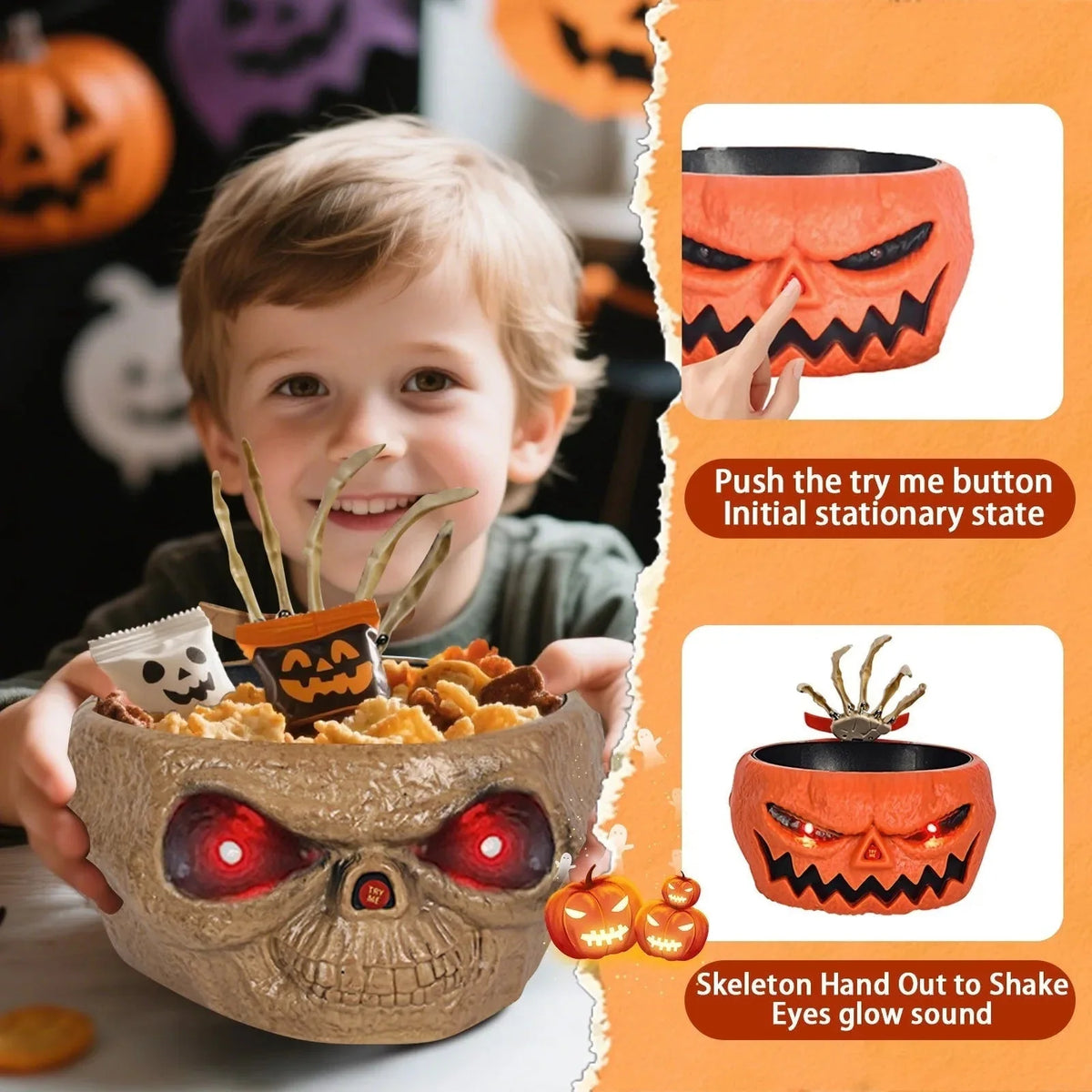 Halloween Candy Bowl Motion-Activated Skeleton Hand LED Eyes 10-Inch Diameter
