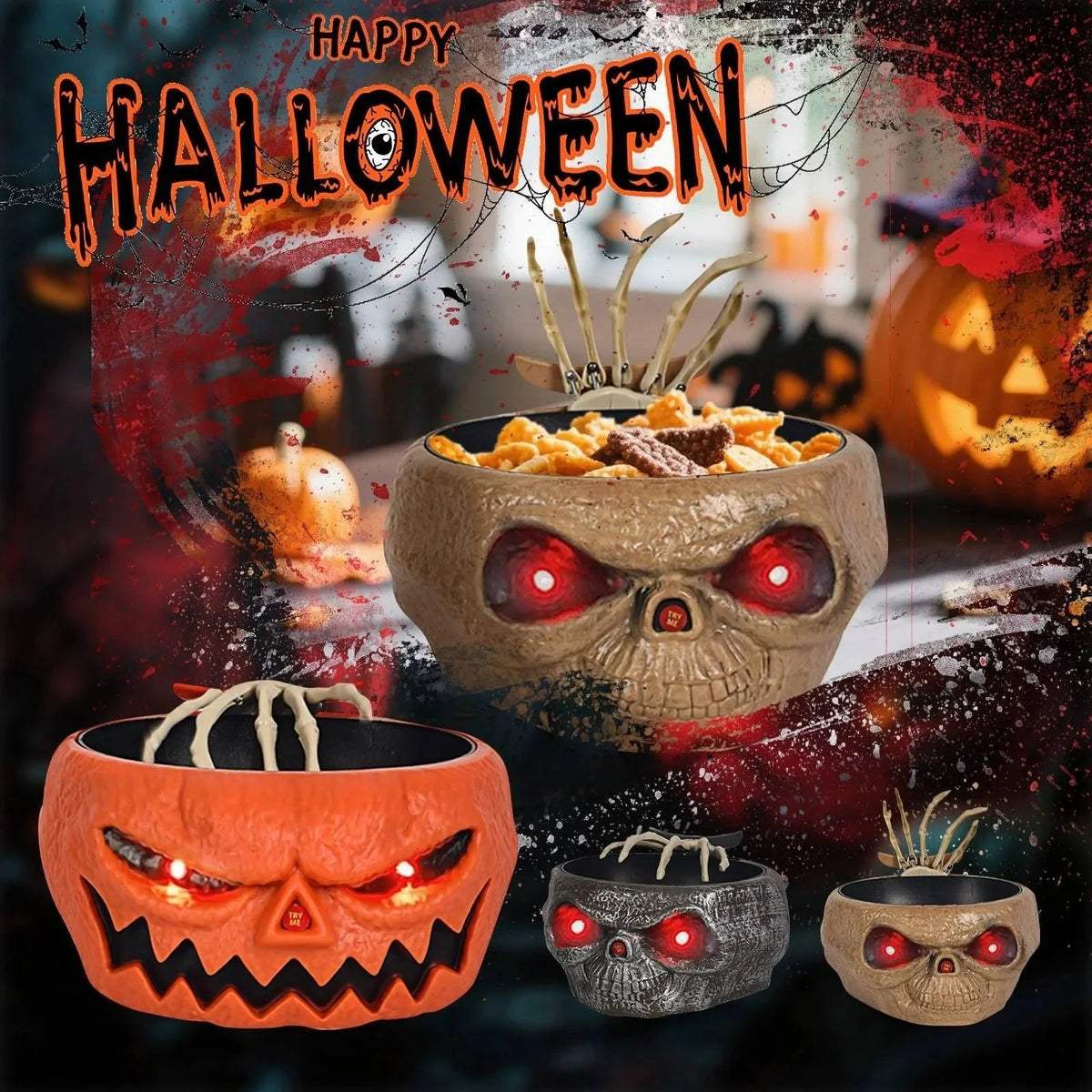 Halloween Candy Bowl Motion-Activated Skeleton Hand LED Eyes 10-Inch Diameter