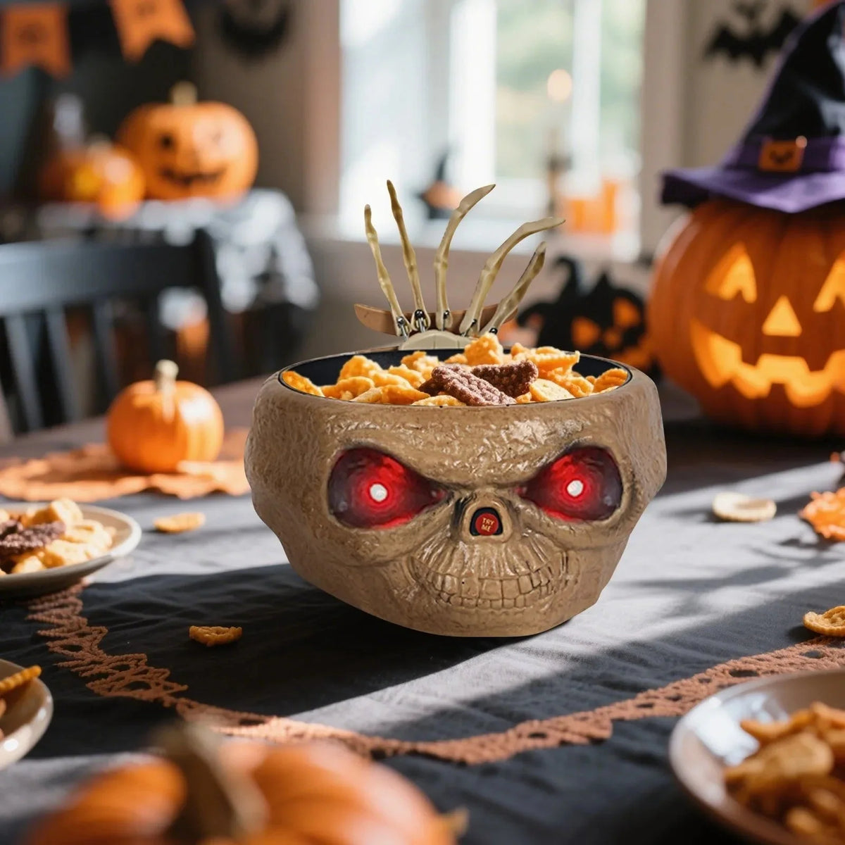 Halloween Candy Bowl Motion-Activated Skeleton Hand LED Eyes 10-Inch Diameter