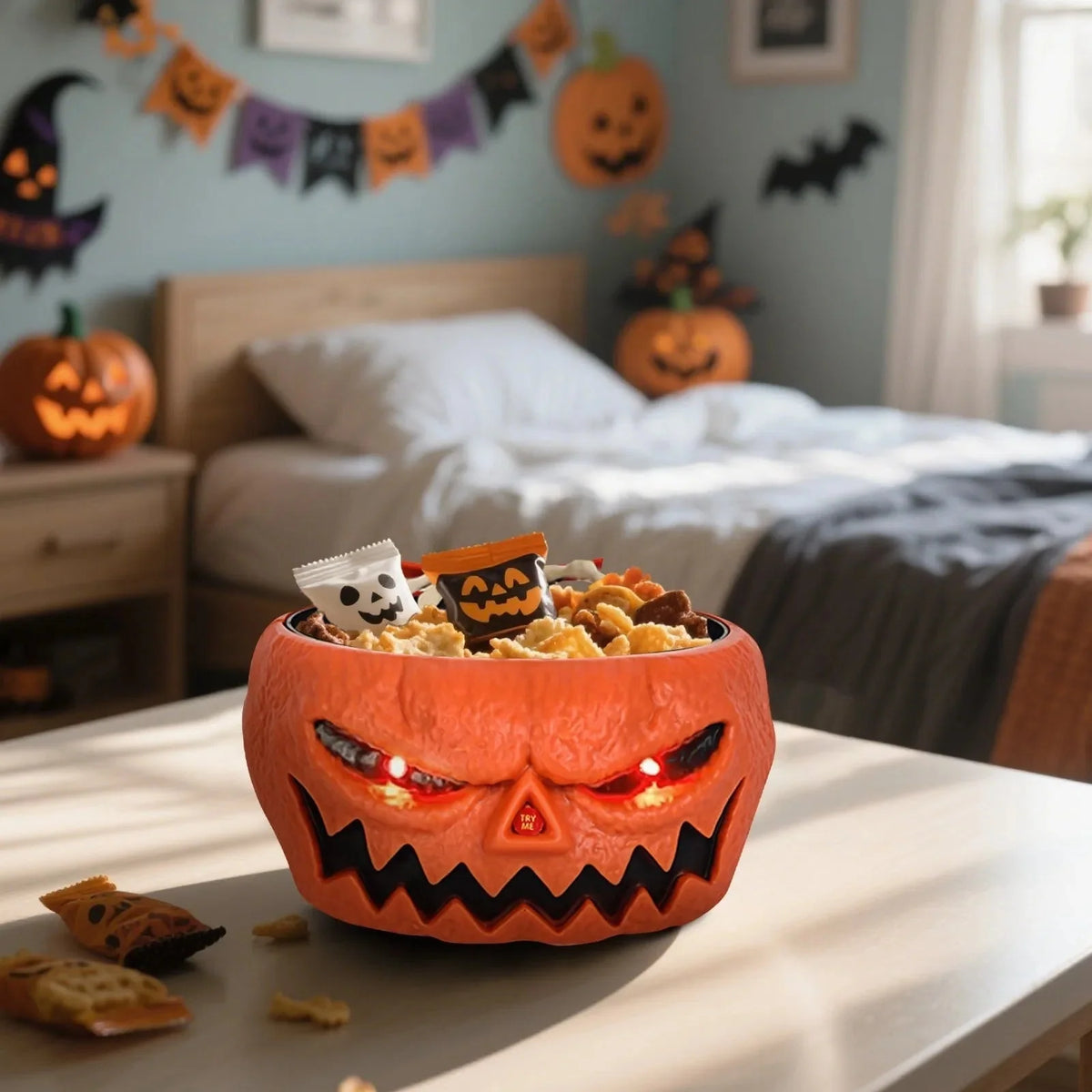 Halloween Candy Bowl Motion-Activated Skeleton Hand LED Eyes 10-Inch Diameter