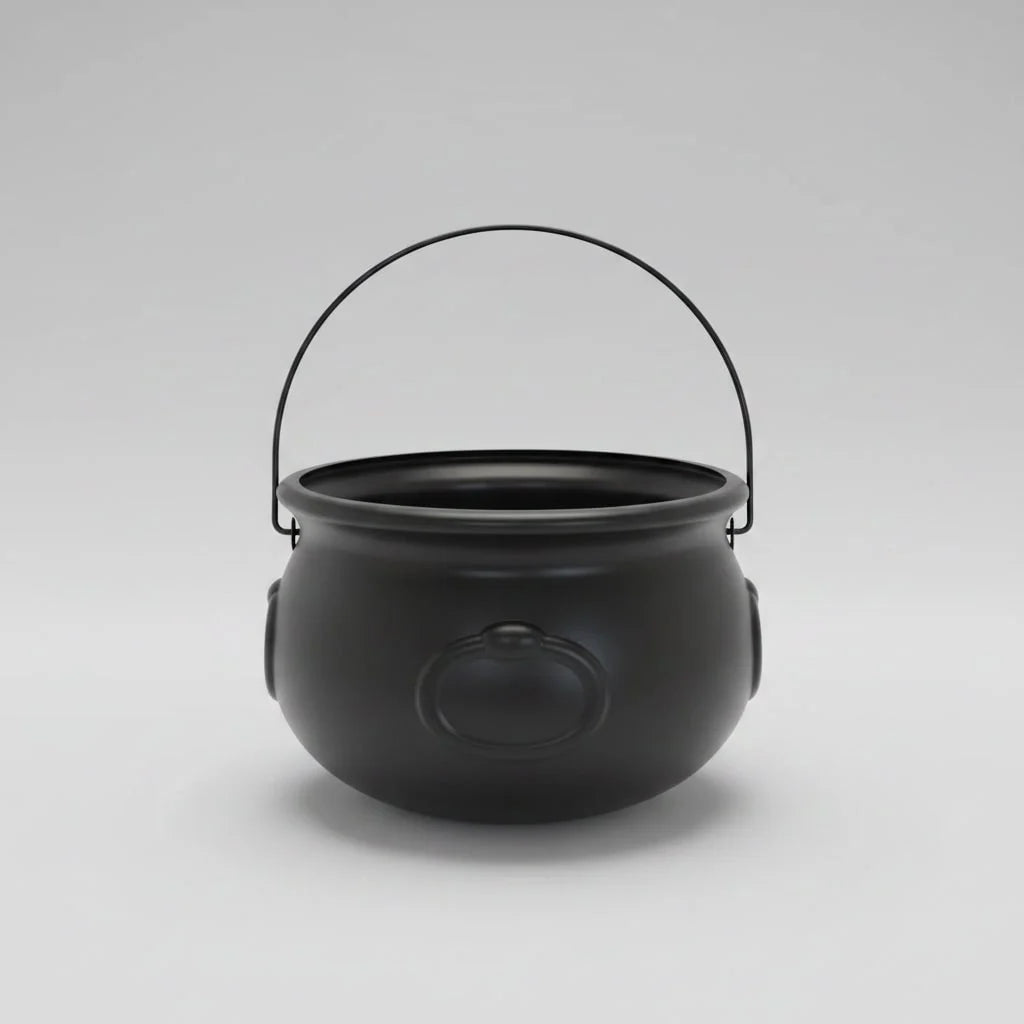 Halloween Cauldron Bucket Matte Black Plastic 12-Inch Reusable