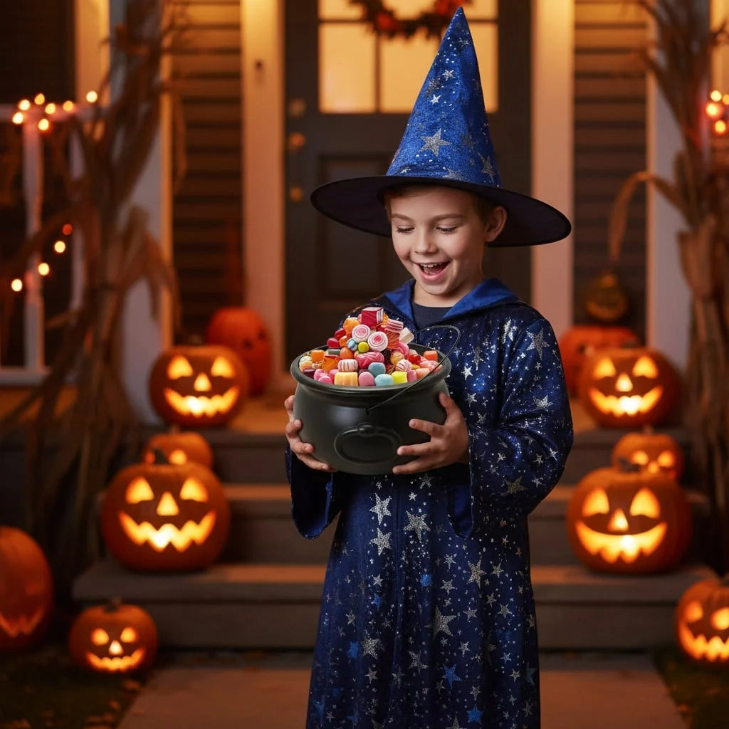 Halloween Cauldron Matte Black Plastic Wire Handle 12.6-Inch Diameter