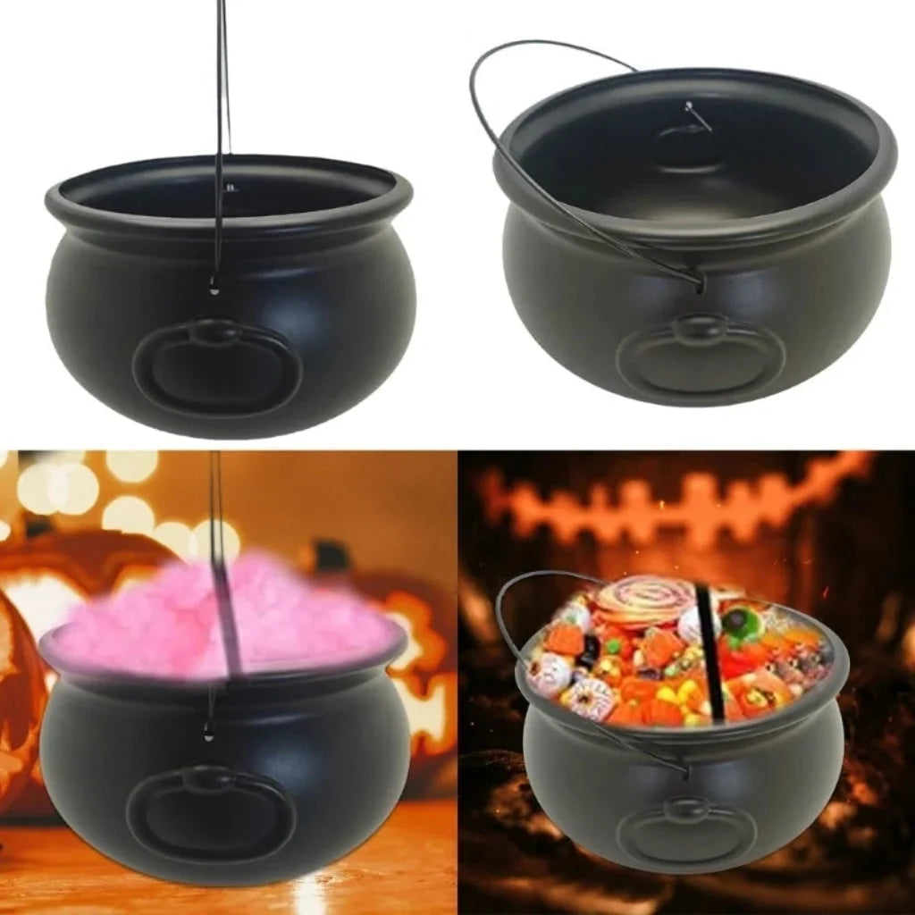 Halloween Cauldron Matte Black Plastic Wire Handle 12.6-Inch Diameter