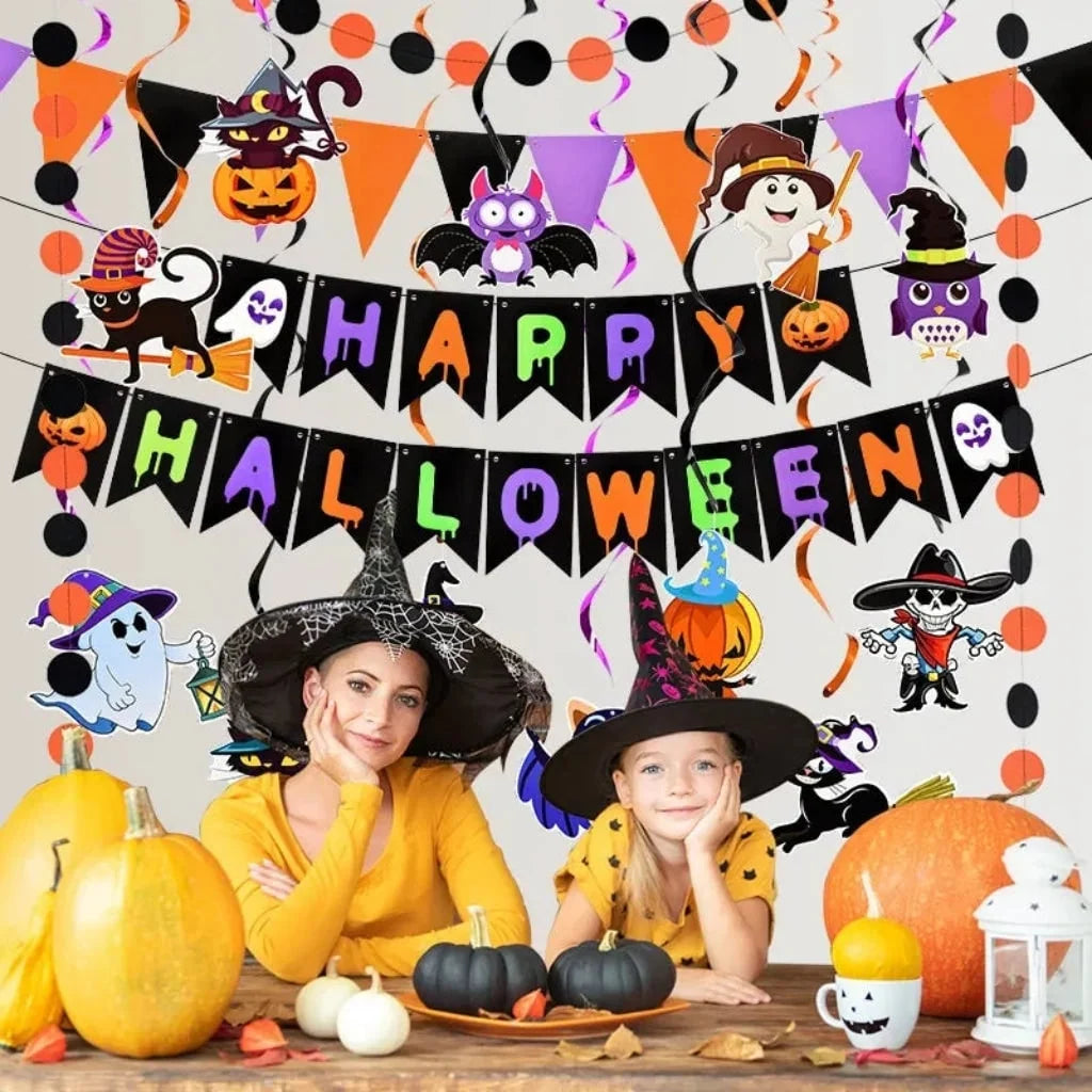 Halloween Party Decoration Kit Banner & Hanging Swirls
