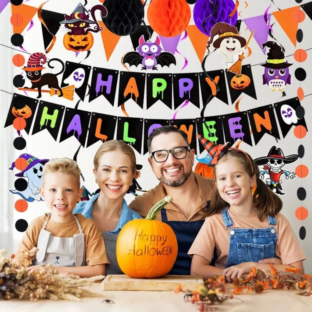 Halloween Party Decoration Kit Banner & Hanging Swirls