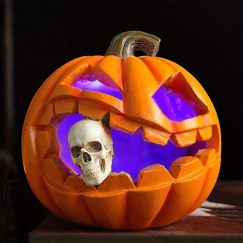 Halloween Pumpkin Ornament Carved Resin With Skull Insert Freestanding