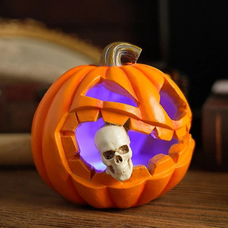 Halloween Pumpkin Ornament Carved Resin With Skull Insert Freestanding