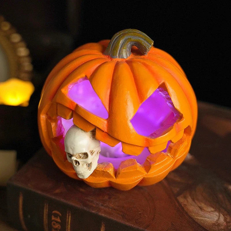 Halloween Pumpkin Ornament Carved Resin With Skull Insert Freestanding