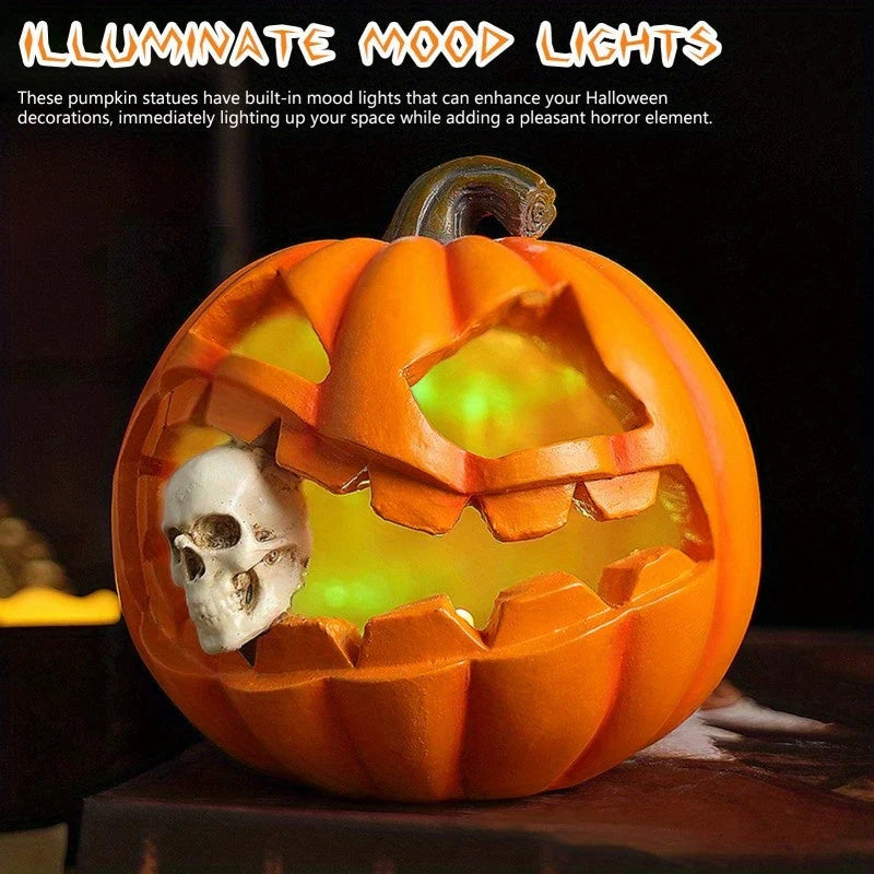 Halloween Pumpkin Ornament Carved Resin With Skull Insert Freestanding