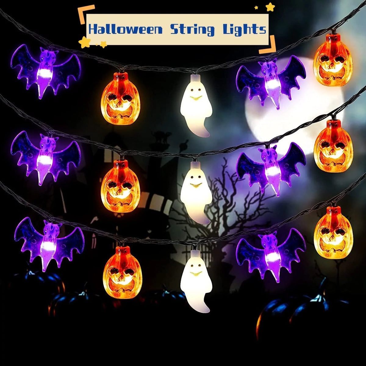 Halloween String Lights LED Pumpkin Ghost & Bat Figures Weather-Resistant