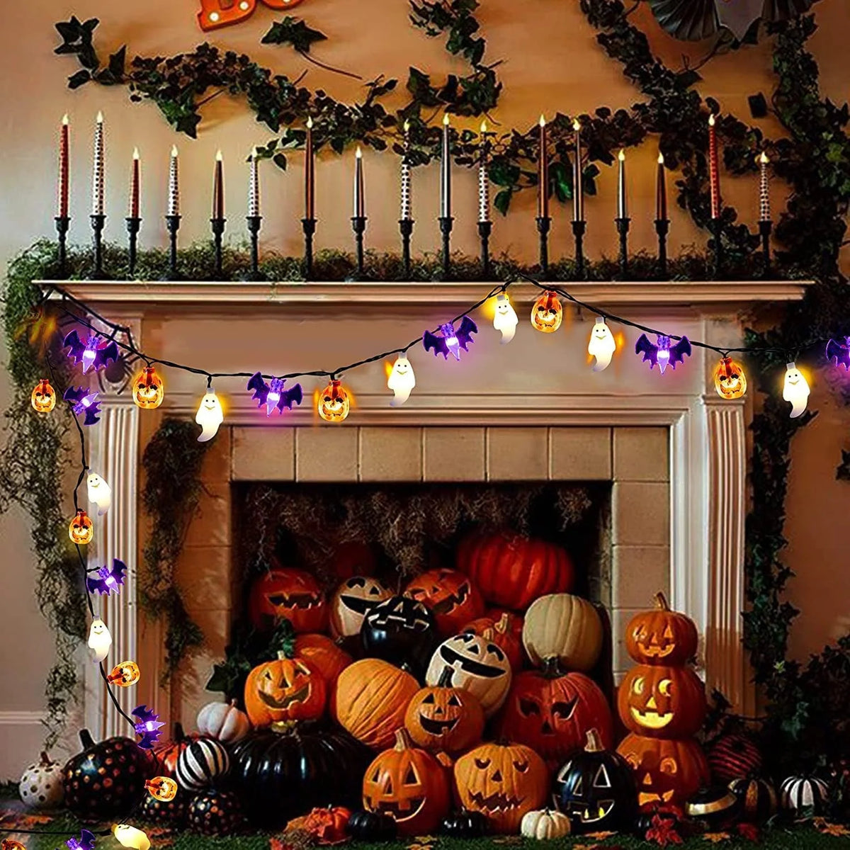 Halloween String Lights LED Pumpkin Ghost & Bat Figures Weather-Resistant
