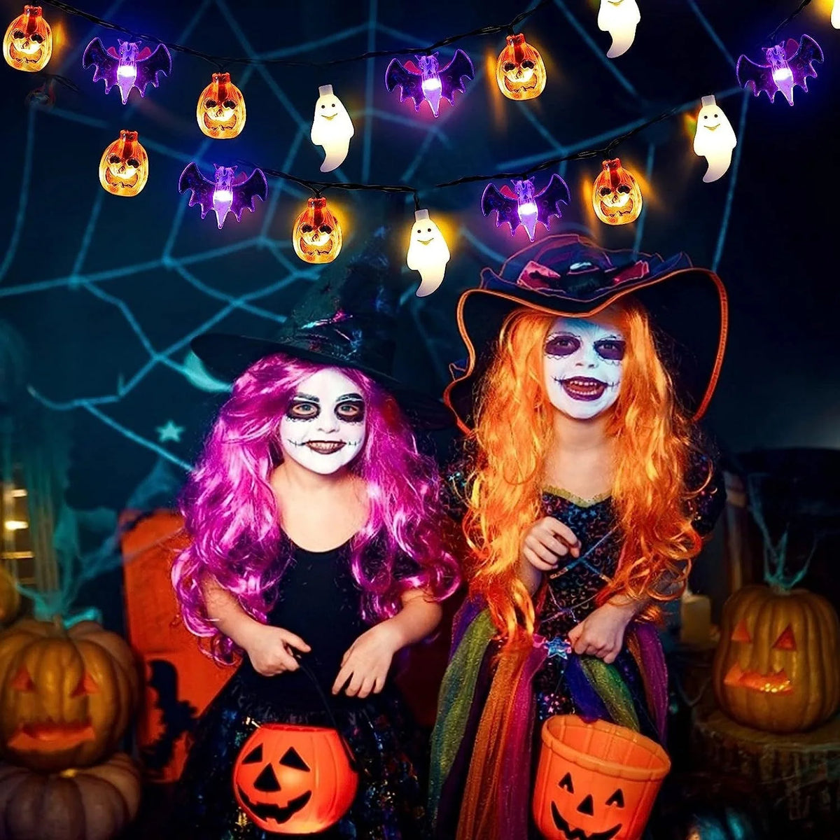 Halloween String Lights LED Pumpkin Ghost & Bat Figures Weather-Resistant