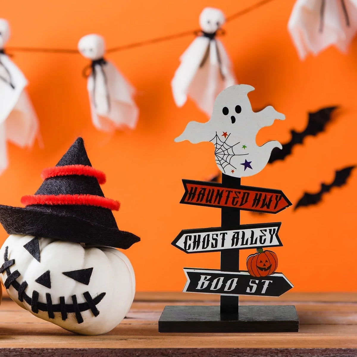 Halloween Tabletop Directional Sign Painted Wood Freestanding