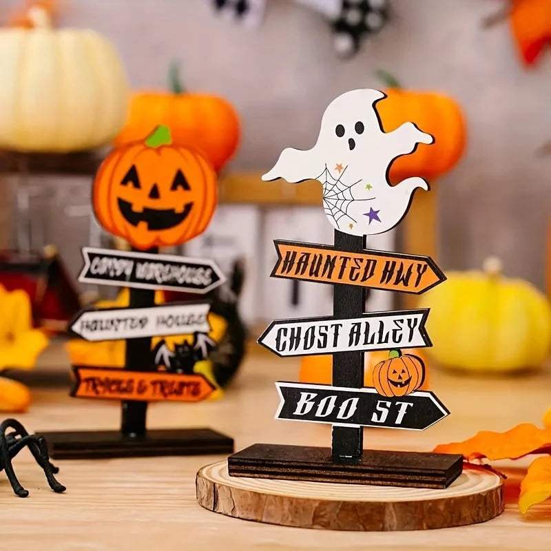 Halloween Tabletop Directional Sign Painted Wood Freestanding