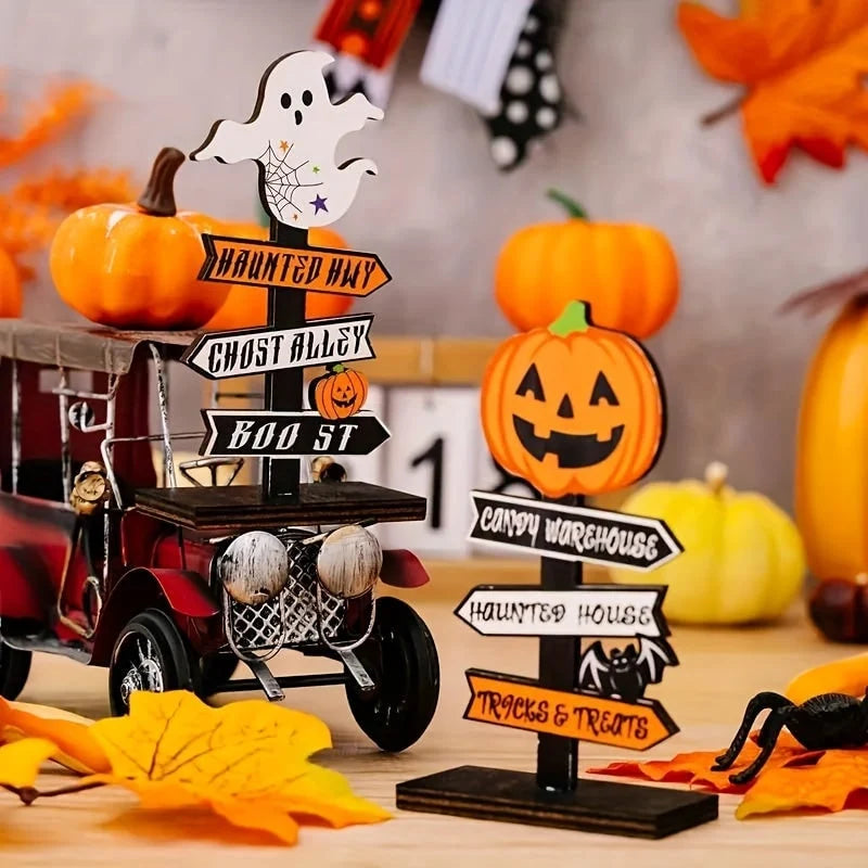 Halloween Tabletop Directional Sign Painted Wood Freestanding