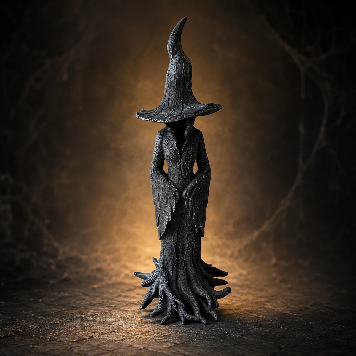 Halloween Witch Figurine Textured Bark Finish Root Base