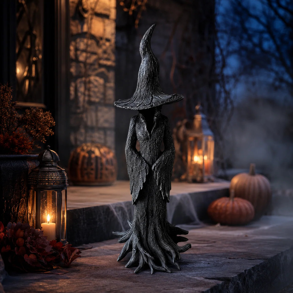 Halloween Witch Figurine Textured Bark Finish Root Base