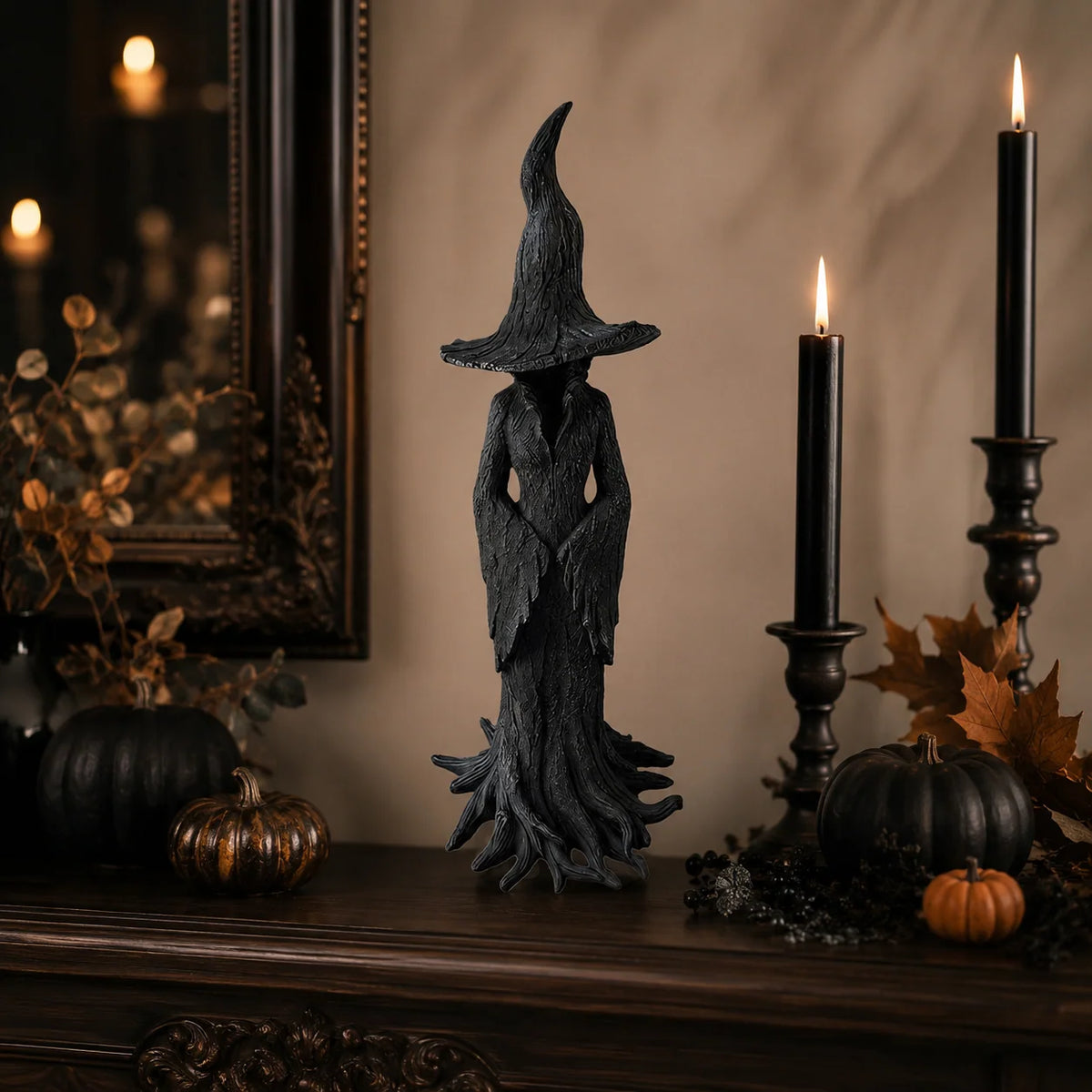 Halloween Witch Figurine Textured Bark Finish Root Base