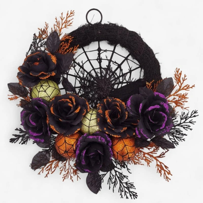 Halloween Wreath Black Roses Spiderweb Glitter Accents