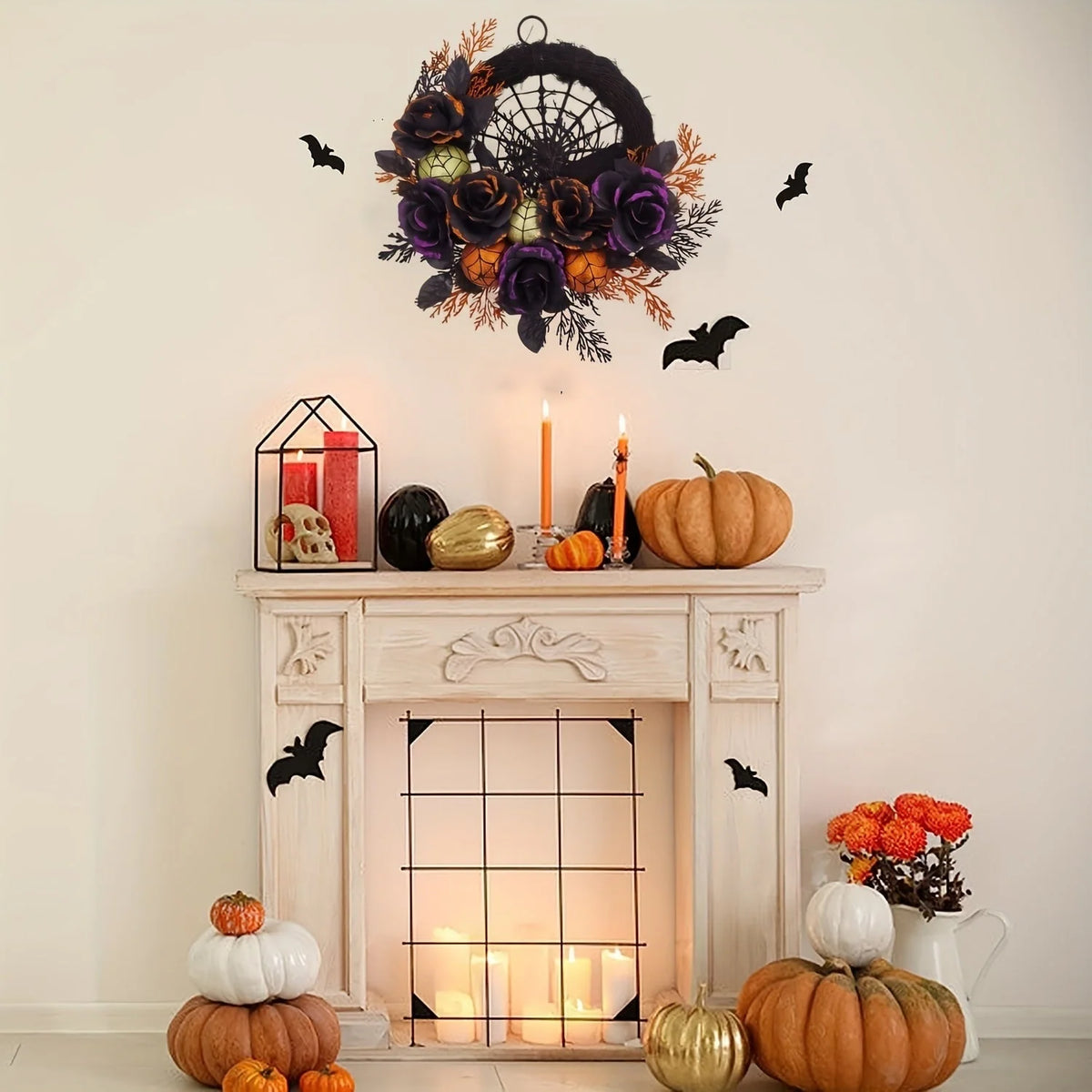 Halloween Wreath Black Roses Spiderweb Glitter Accents