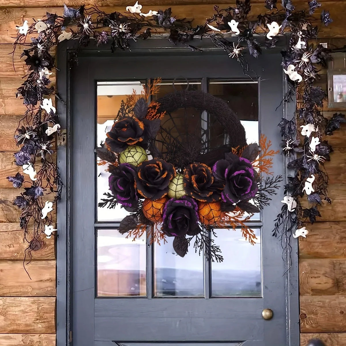 Halloween Wreath Black Roses Spiderweb Glitter Accents