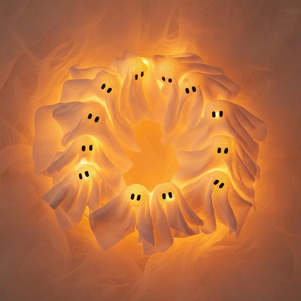 Halloween Wreath Gauze Ghosts Warm Battery-Operated LED Lights