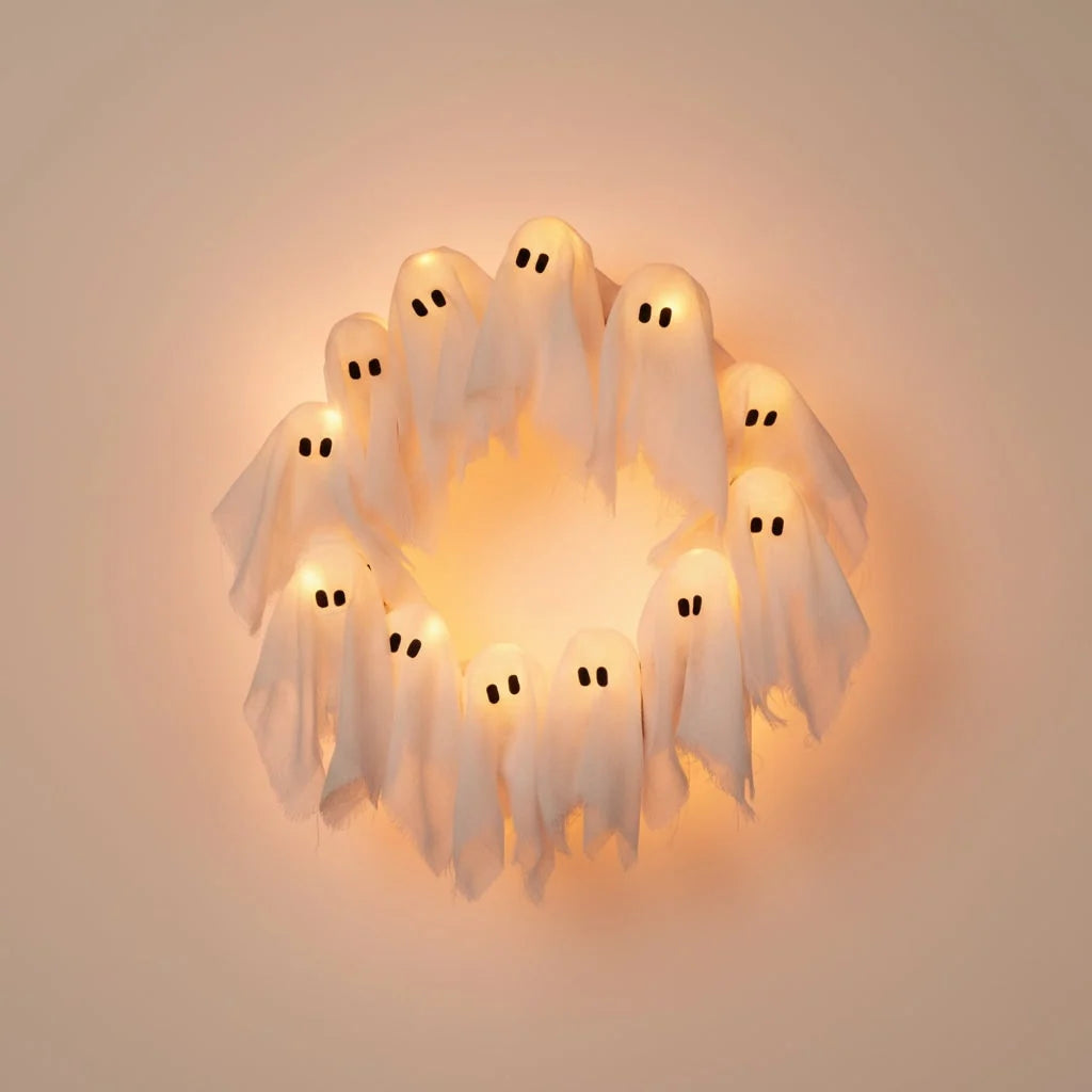 Halloween Wreath Gauze Ghosts Warm Battery-Operated LED Lights