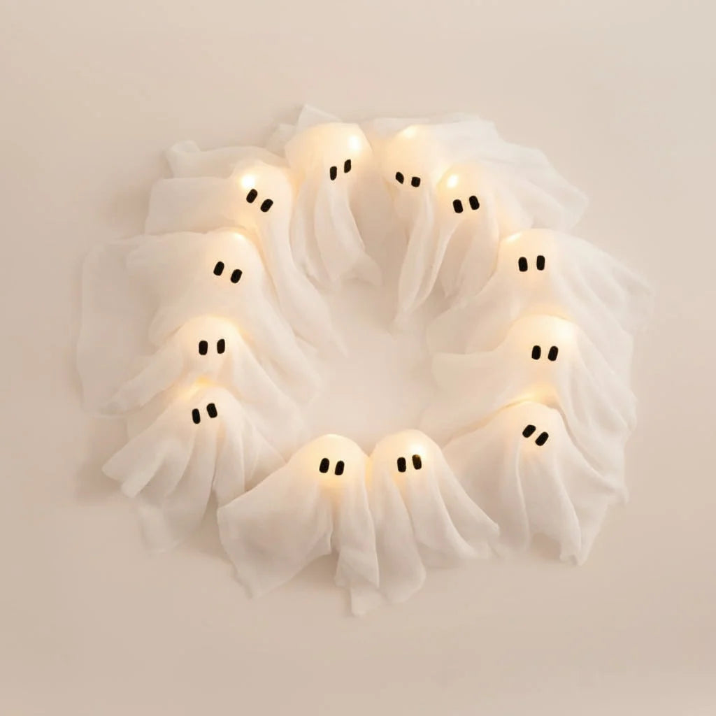 Halloween Wreath Gauze Ghosts Warm Battery-Operated LED Lights