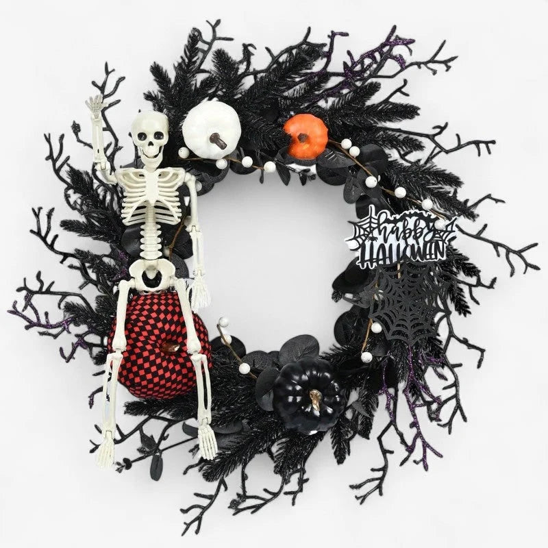 Halloween Wreath Skeleton & Pumpkin Spiderweb Design