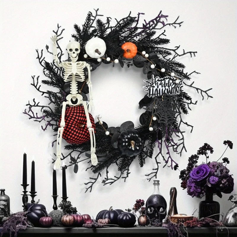 Halloween Wreath Skeleton & Pumpkin Spiderweb Design