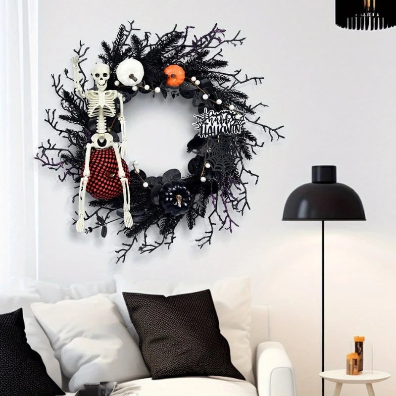 Halloween Wreath Skeleton & Pumpkin Spiderweb Design