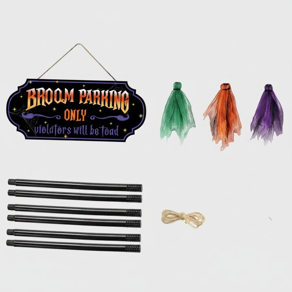 Halloween Yard Sign Three Mesh Brooms Indoor & Outdoor