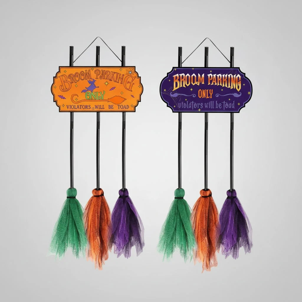 Halloween Yard Sign Three Mesh Brooms Indoor & Outdoor