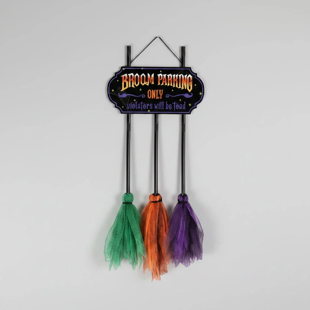 Halloween Yard Sign Three Mesh Brooms Indoor & Outdoor