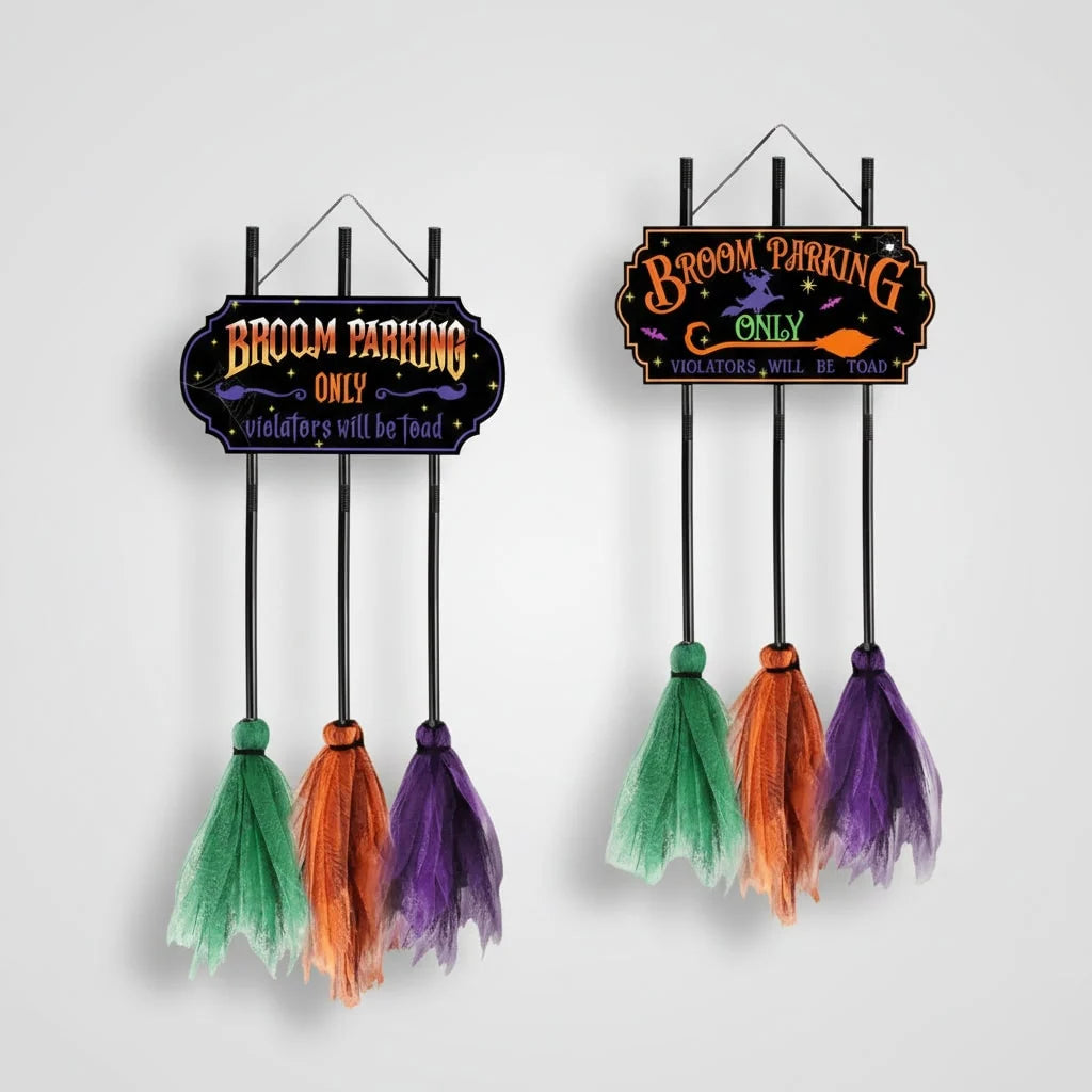 Halloween Yard Sign Three Mesh Brooms Indoor & Outdoor