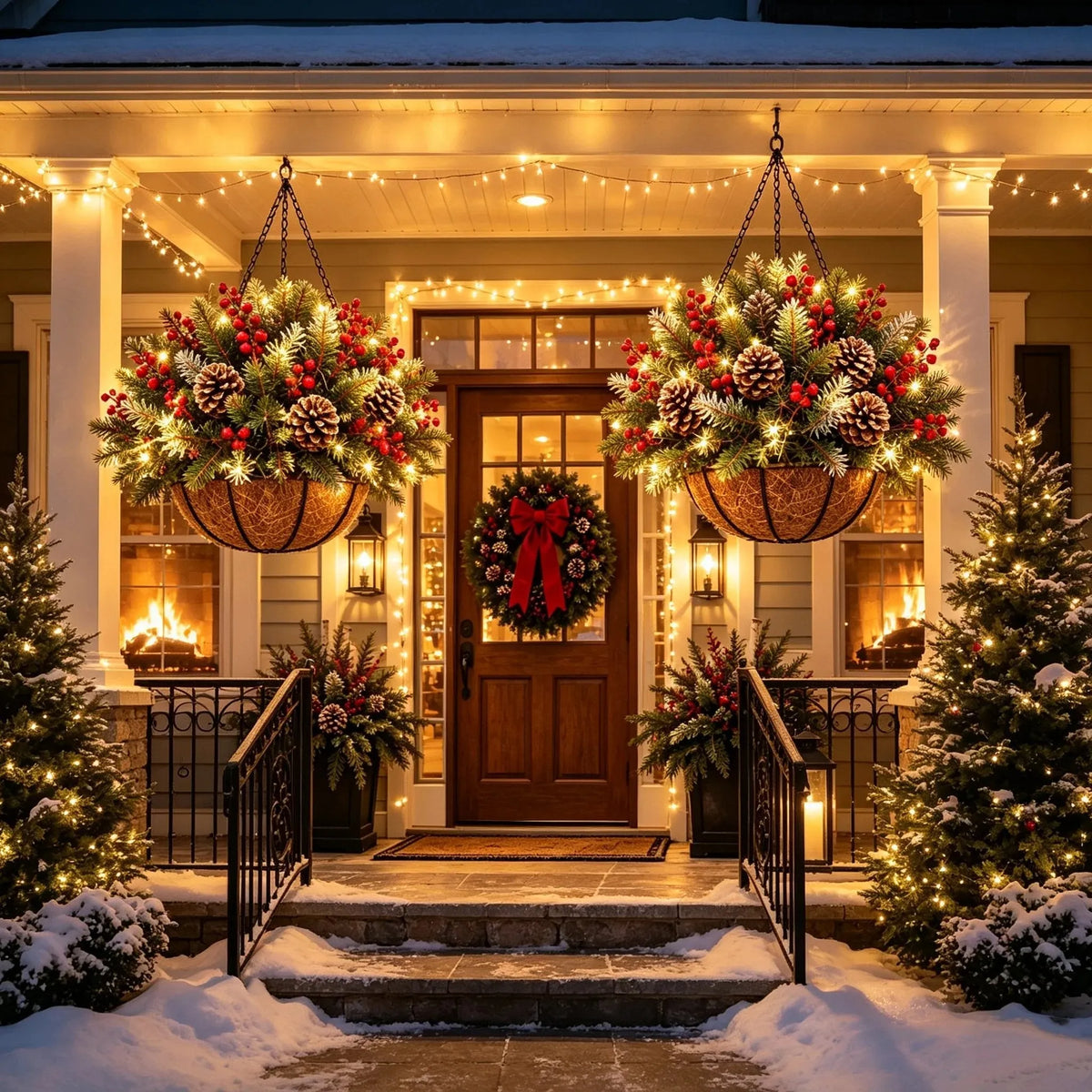 Hanging Christmas Basket Artificial Evergreen Warm White LED Lights