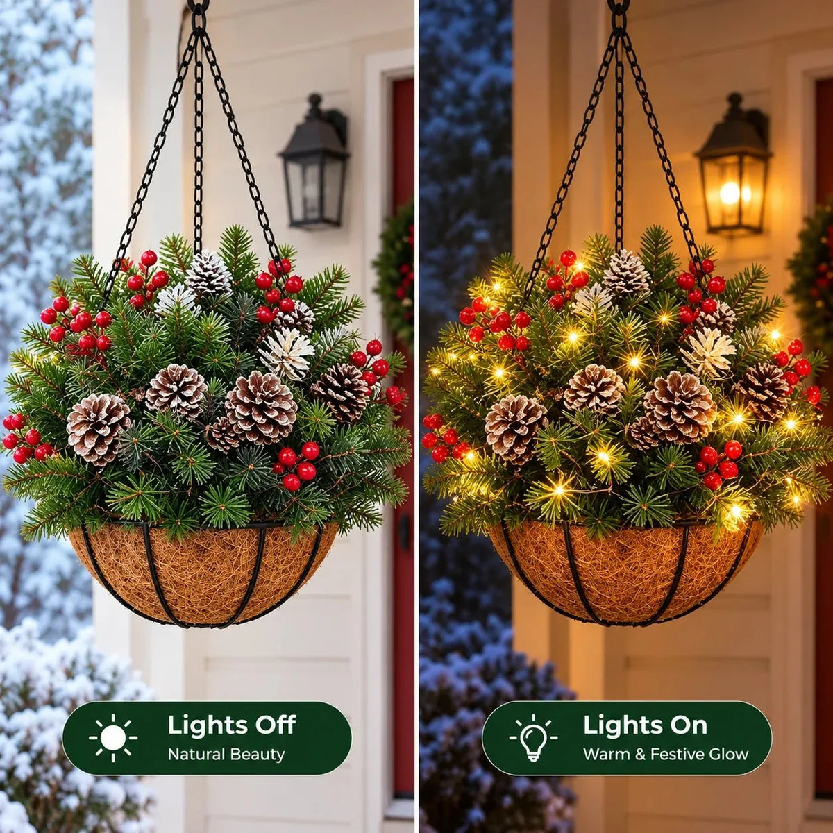 Hanging Christmas Basket Artificial Evergreen Warm White LED Lights