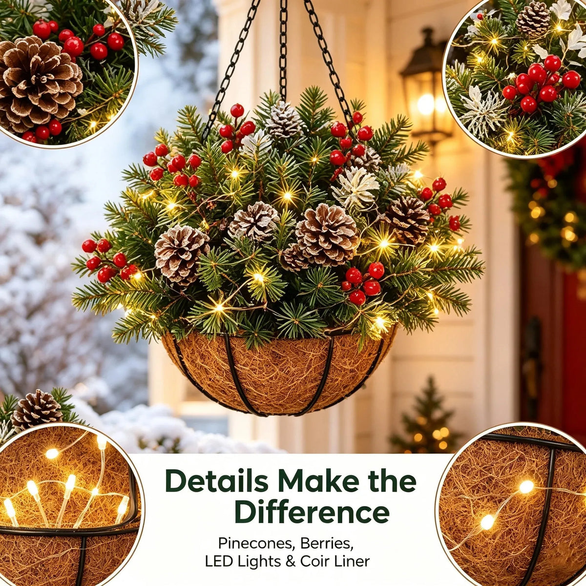Hanging Christmas Basket Artificial Evergreen Warm White LED Lights