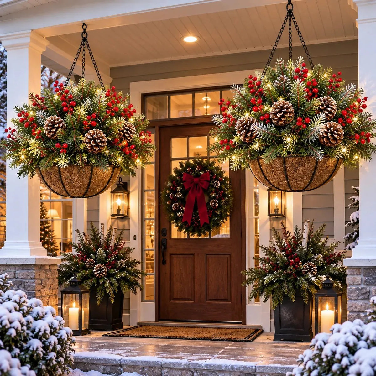 Hanging Christmas Basket Artificial Evergreen Warm White LED Lights