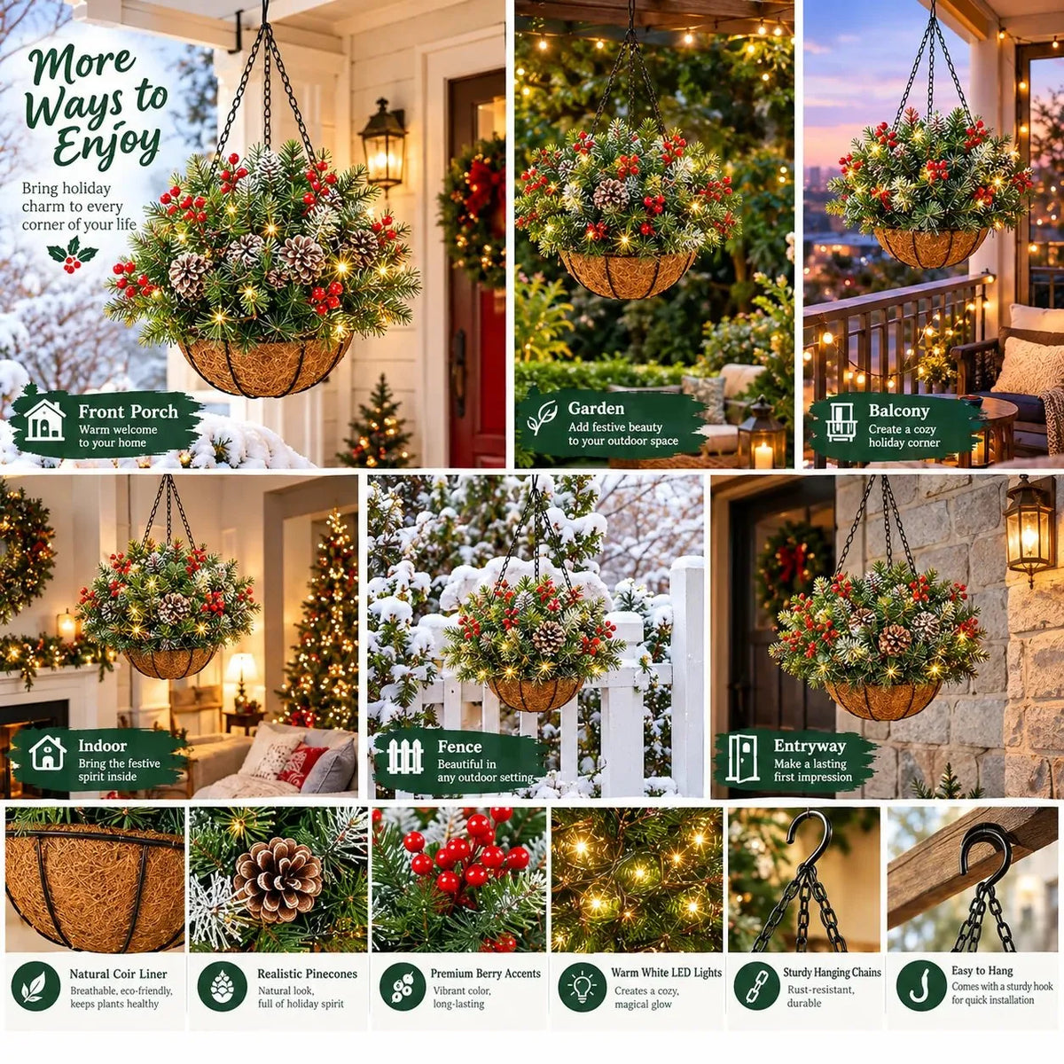 Hanging Christmas Basket Artificial Evergreen Warm White LED Lights